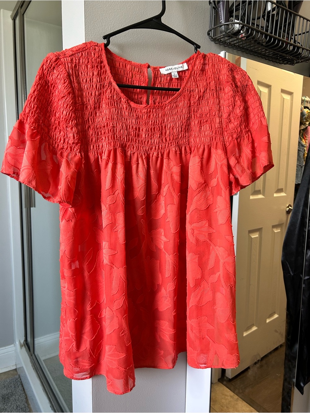 Rose & Olive Coral Red Smocked Yoke Floral Blouse